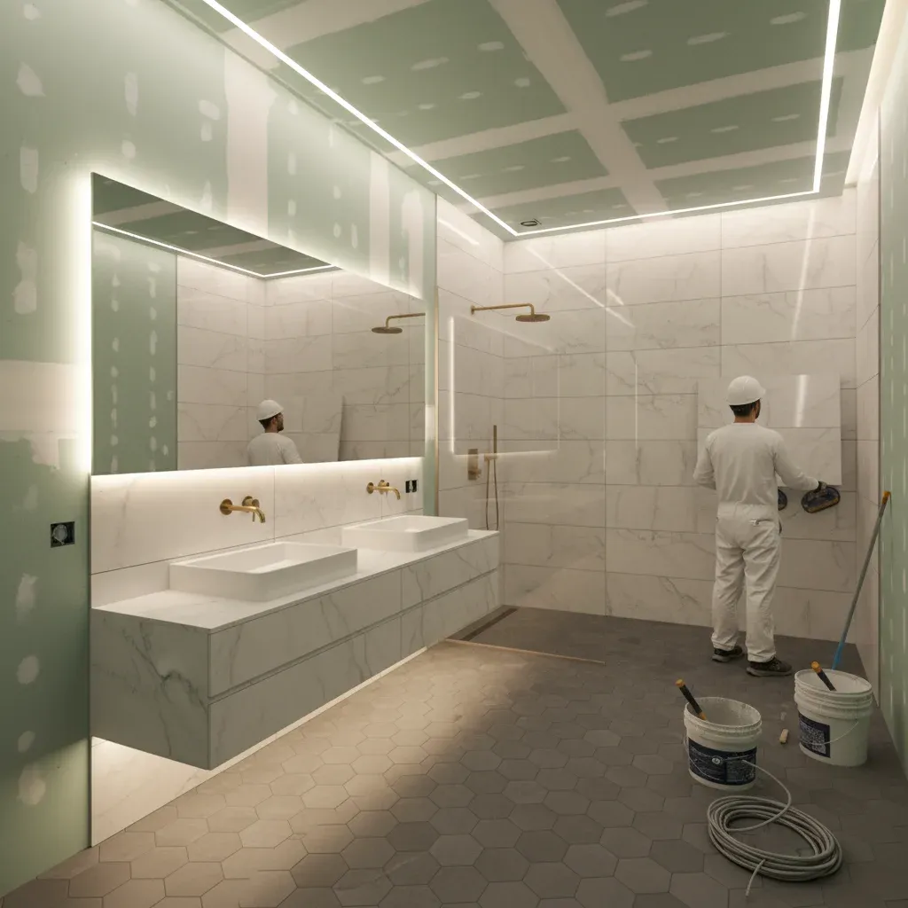 Reforma de baño con placa hidrófuga verde en Sarrià de Ter