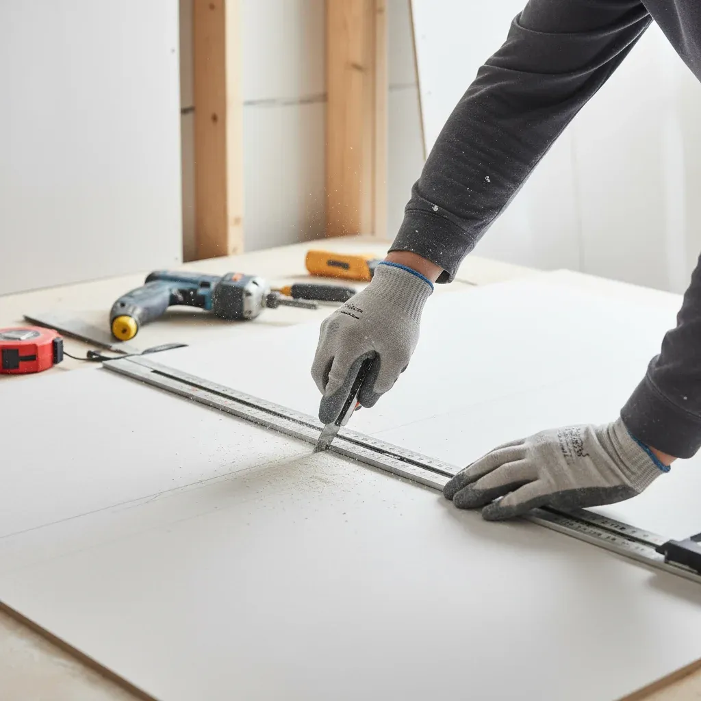 Instalación de pladur: montador atornillando placa de yeso laminado a estructura metálica en Girona
