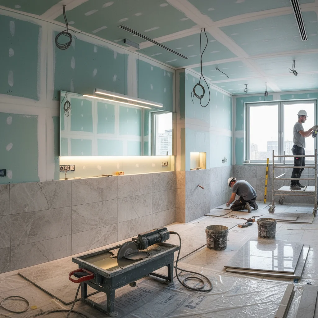 Baño moderno con yeso laminado hidrófugo instalado - Reforma profesional