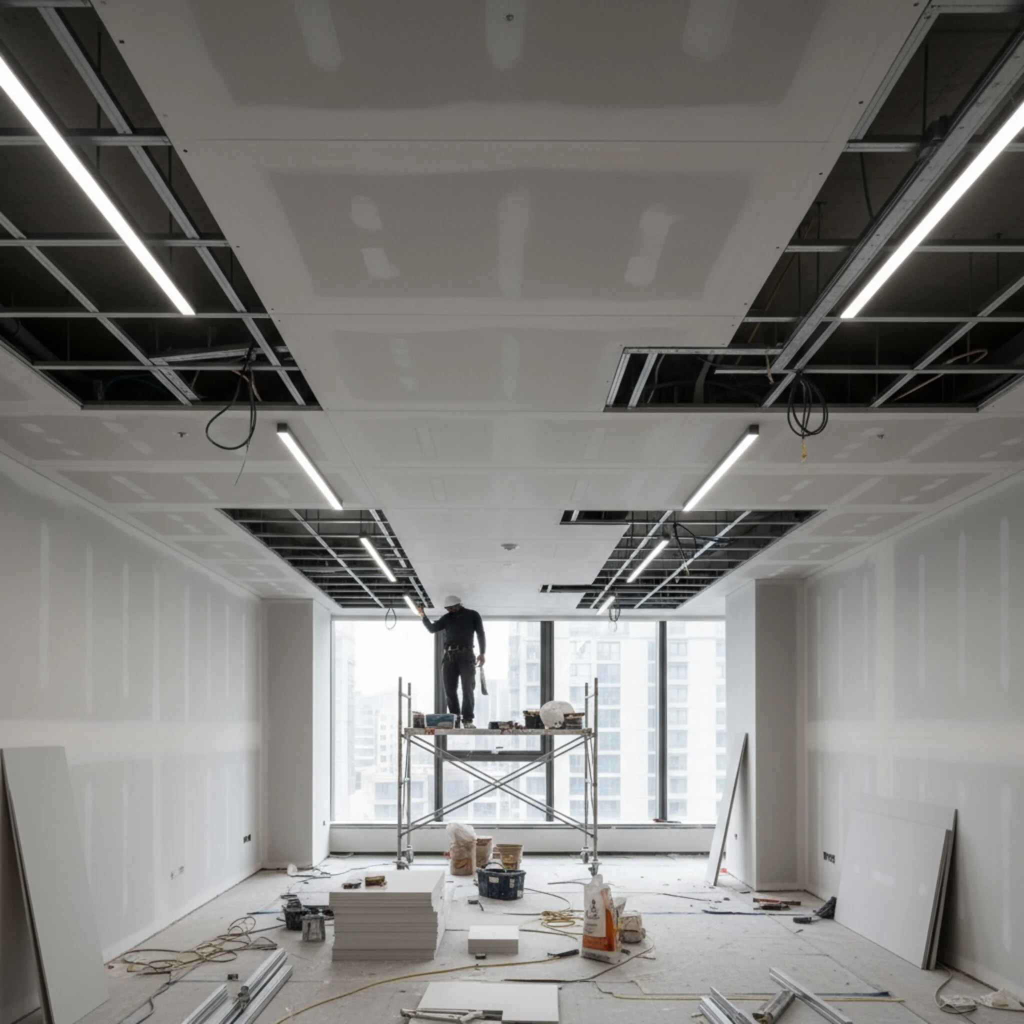 Modern suspended ceiling installation with LED lights